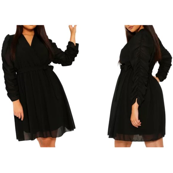 Boohoo Dresses & Skirts - BooHoo Ruched Long Sleeve Wrap Skater Dress Size 24 Black